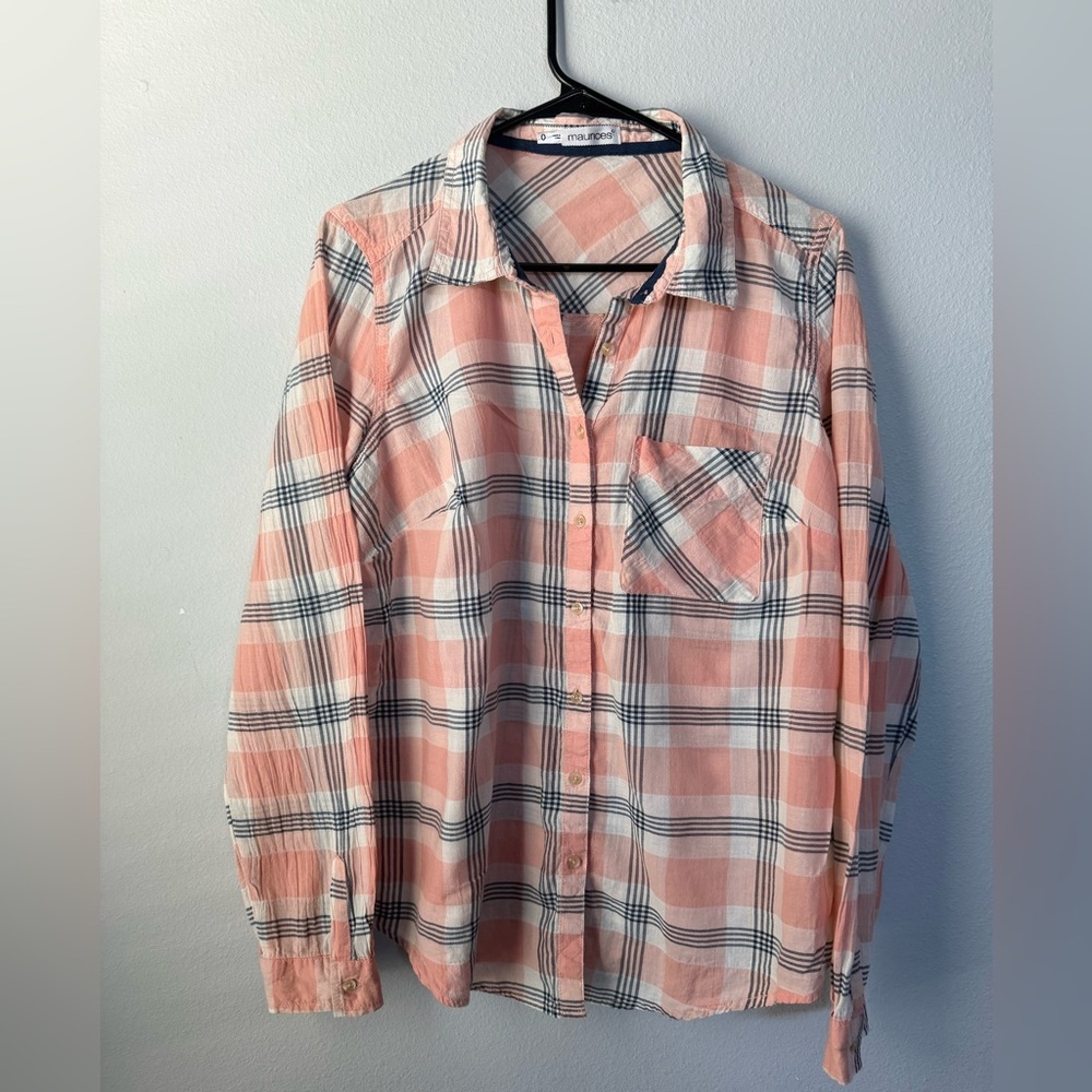 Maurices Coral and Navy Checkered Shirt